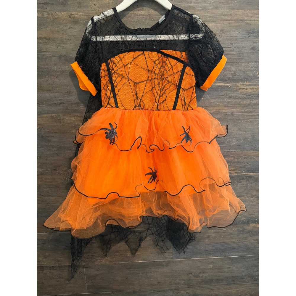 Halloween Spider Witch Costume Dress Orange Black Tulle Lace Cape Kids Size 130